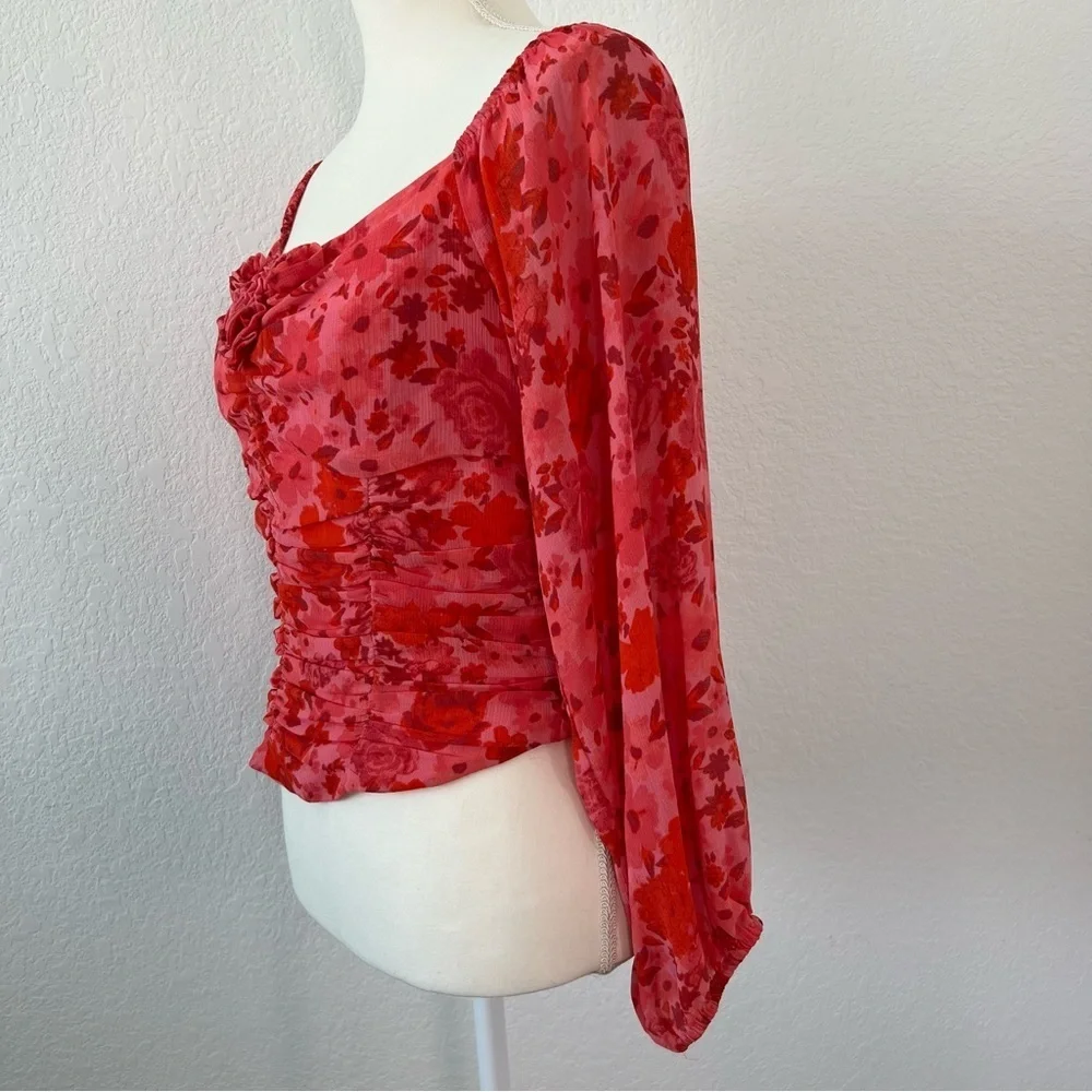 Free People Oh‎ Lala Red Pink Floral Top Size Large
